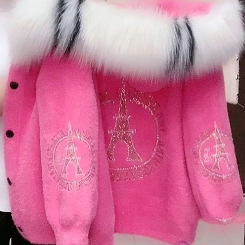 2025 Autumn Winter New Warm Solid Color Thick Hooded Imitation Mink Fur Coat With Rhinestone And Fur Collar Women's Top Cardigan