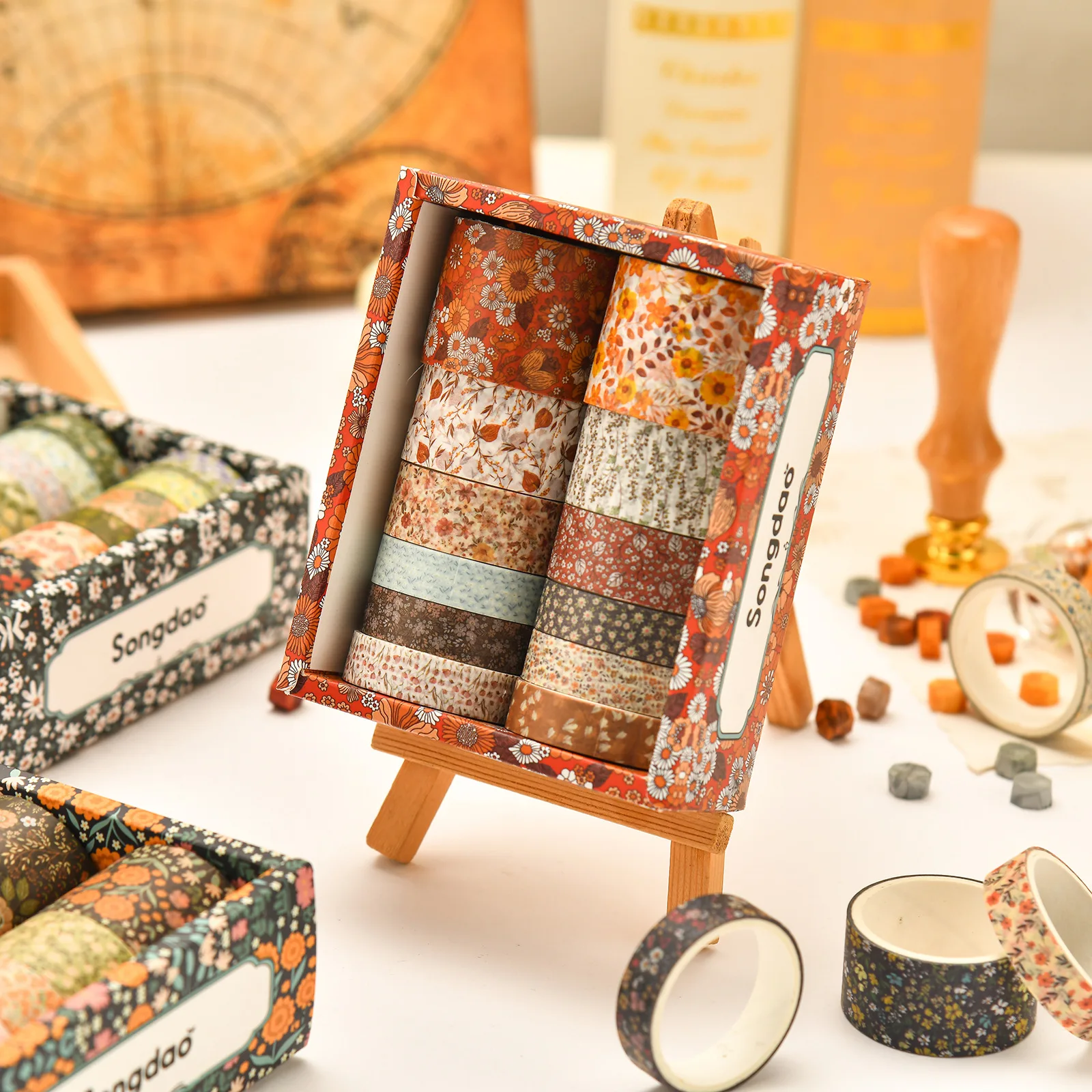 Moshang Flower Blossom Series Hand Account Washi Tape, Gift Box Set, DIY Retro Tape, Plant Decorative Tape, 12Pcs, Box