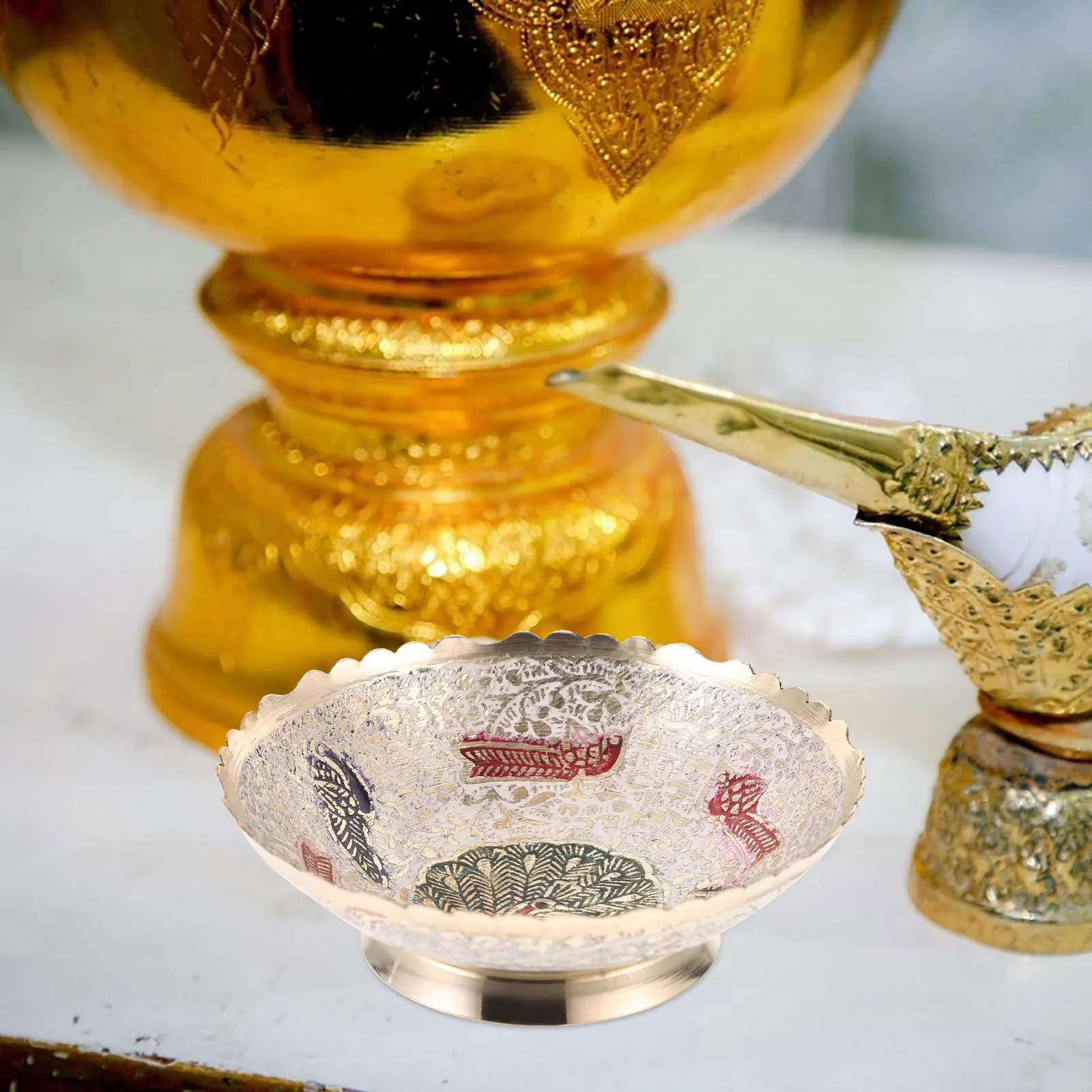 

Colorful Holy Water Bowl Vintage Buddhist Offering Bowl For Fruit Snack Storage Temple Decor Pedestal Plate Religious