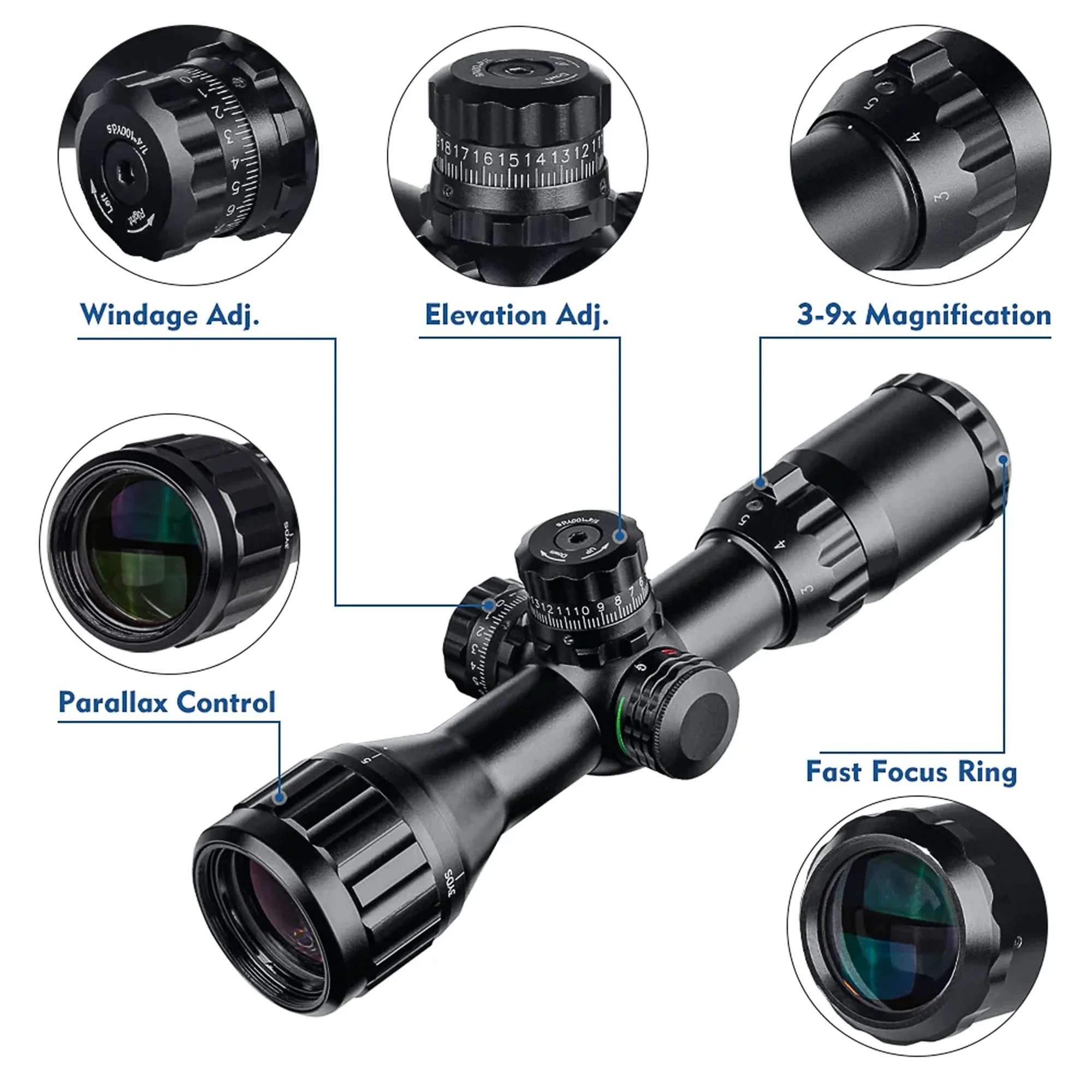 Short Air Rifle Scope 3 9x32 Sniper Airsoft Scopes Rgb Mil-Dot With Qd Rings Mounts for Long Range Tactical or Hunting Shotgun