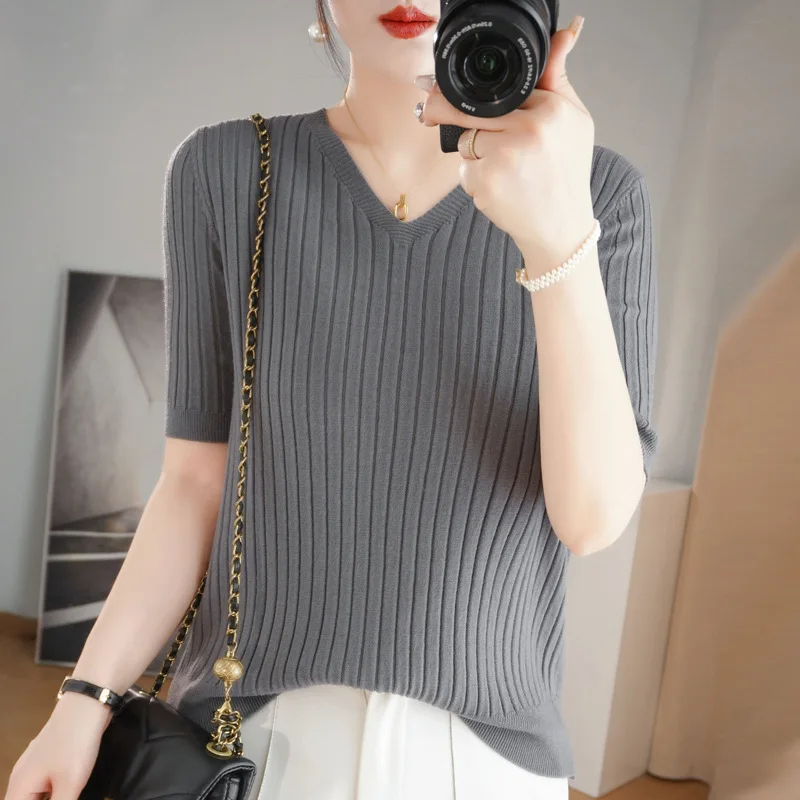 2024 new Women\'s Clothing Pullovers Sweaters Spring Summer New V-neck Short sleeved Knitted Shirt Base Shirt Solid Color Jumpers