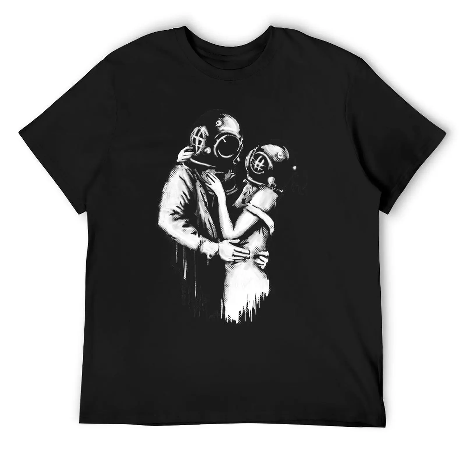 

Banksy graffiti Love Deep Loving and embracing couple with diving helmets on dark gray background HD HIGH QUALITY ONLINE STORE T