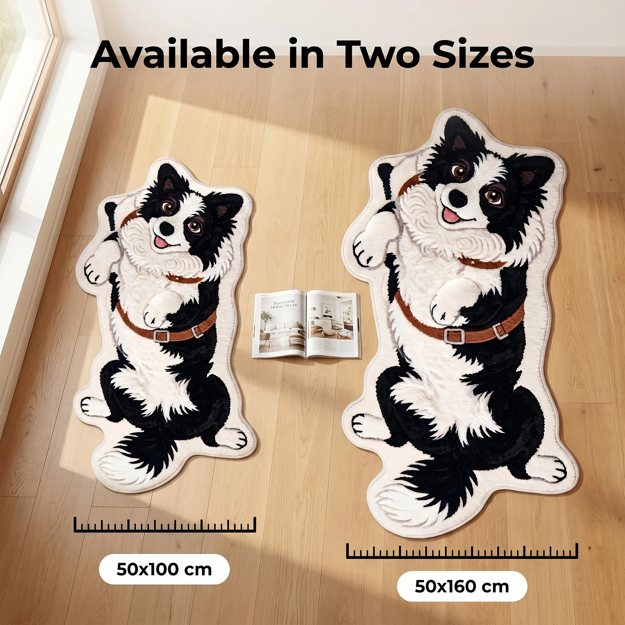 VIKAMA Cartoon Border Collie Irregular Long Rug Black White Dog With Brown Harness Non Slip Soft Bedside Floor Mat For Bedroom