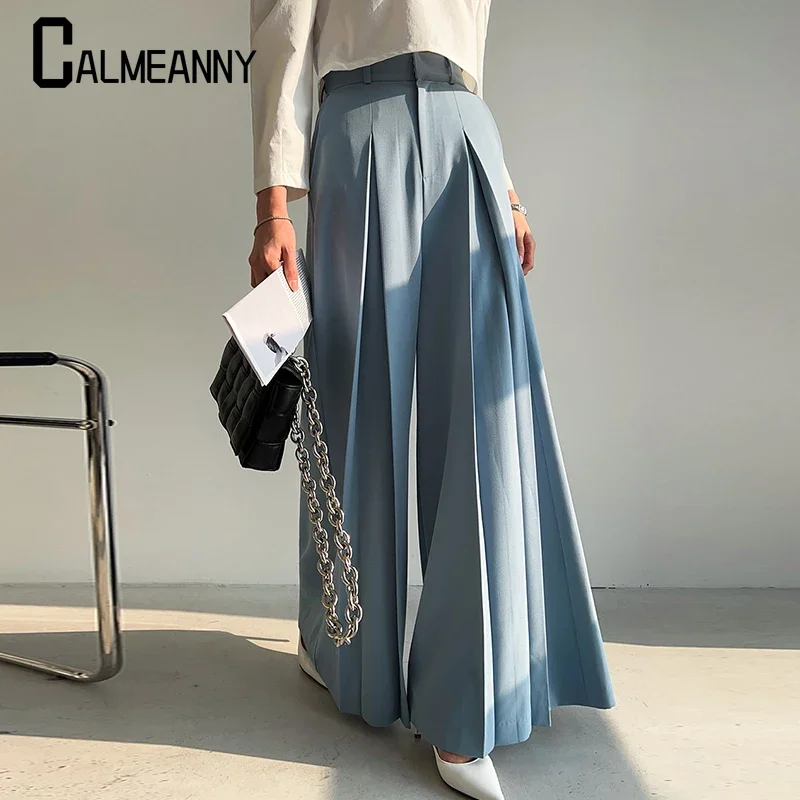 

2025 New Korean Chic Summer Simple High Waist Pleated Women Wide Leg Pant Solid Color Casual Spring Straight Loose Trouser