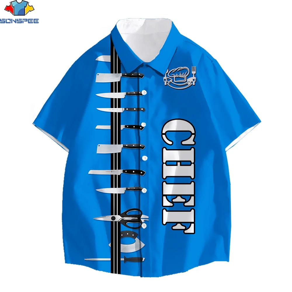 

SONSPEE 3D Printed Men's Hawaiian Shirt Funny Chef Kitchen Knife Cartoon Logo Beach Surf Vacation Wear Sky Blue Trend Shirt Tops