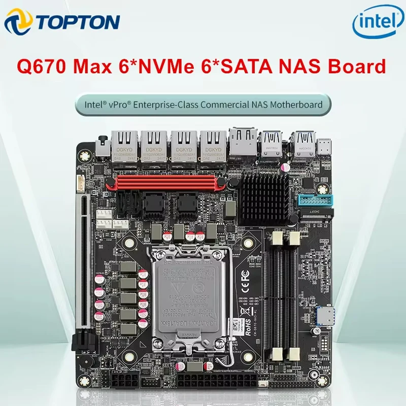 In-tel vPro Q670 NAS Motherboard Max 6*NVMe 6*SATA3.0 12/13/14th Gen LGA1700 PCIE5.0x16 2*DDR5 4*2.5G LAN Firewall ITX Mainboard