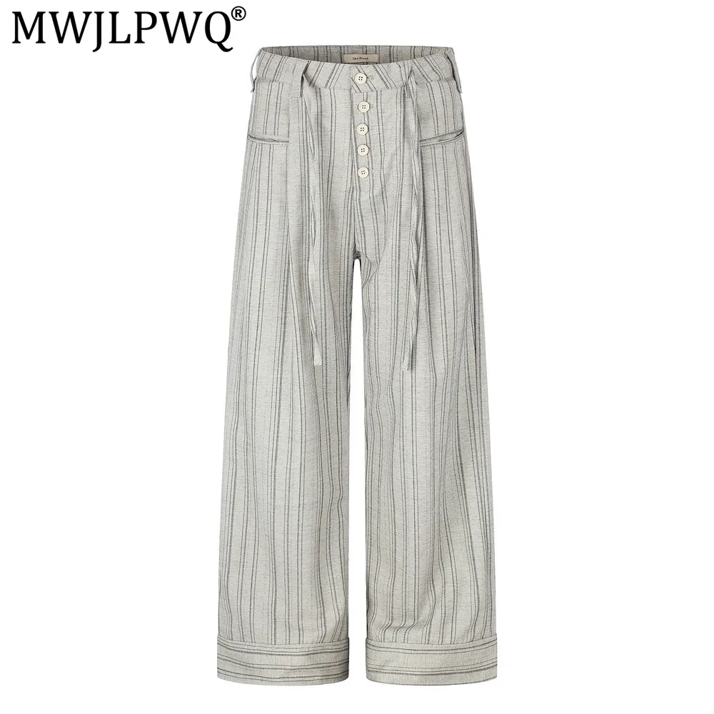 MWJLPWQ American Trendy Vertical Striped Pants Loose-Fit Men Clean-Fit Unique Pleated Pocket Wide-Leg Straight Trousers 17518