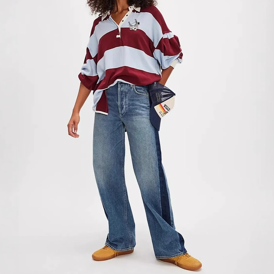 

Jeans Women Button Zipper Pockets Denim Wide Leg Pants Mom Straight Washed Patchwork Spliced Casual Pant Streetwear Y2k Summer