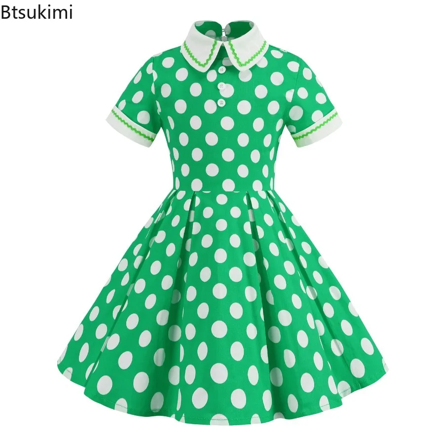 2025 Vintage stijl kindermeisje stippen dagelijkse verjaardagsjurk zomer kraagvorm korte mouwen swing prinsessenjurk