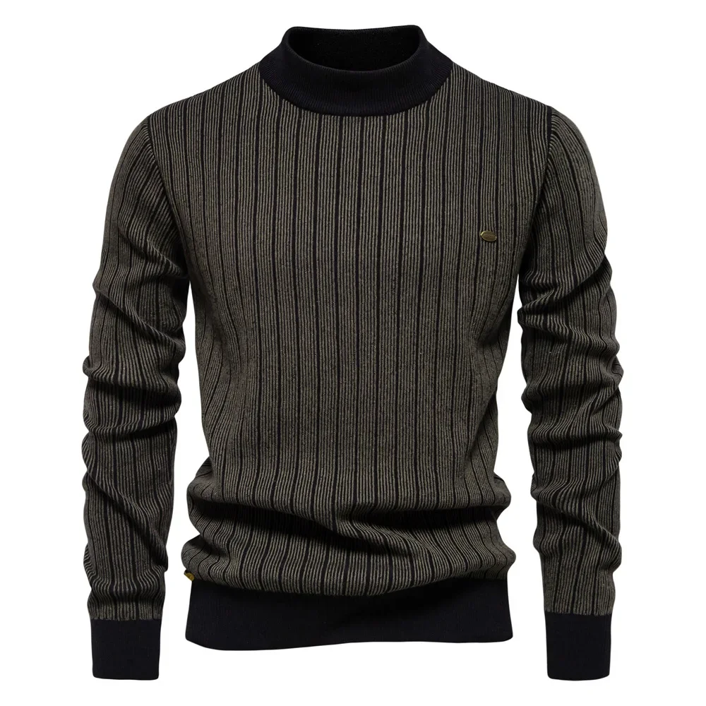 Autumn Winter Mens Sweater Half High Collar Casual Warm Slim Fit Knitwear High Quality Fashion Male Stripe Pullover Men Clothing