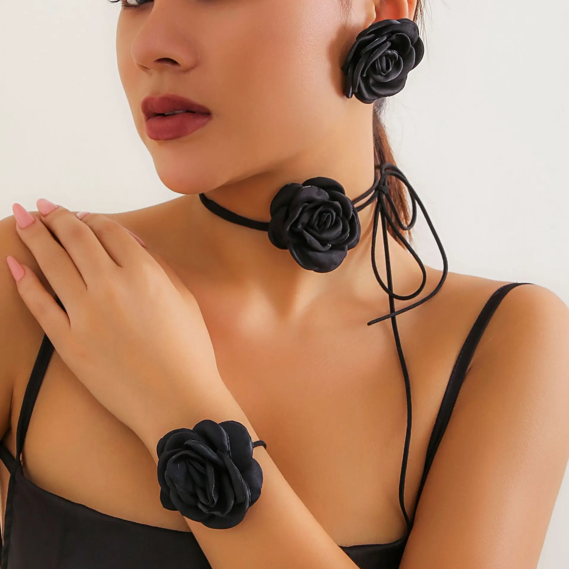 Vintage rose flower choker collar women's, flannel satin flower fashion strap necklace