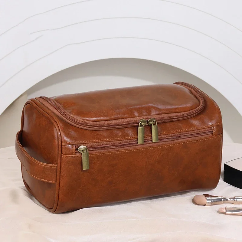 

Leather Men Business Portable Storage Bag Toiletries Organizer Women Travel Cosmetic Bag Hanging Waterproof Wash Pouch