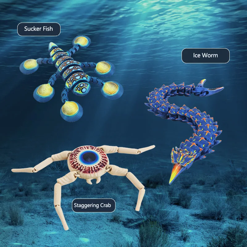 Flexible 3D Printed Sea Creature Fidget Toys Articulated Sucker Fish Ice Worm Crab Action Figures Stress Relief Desk Toys