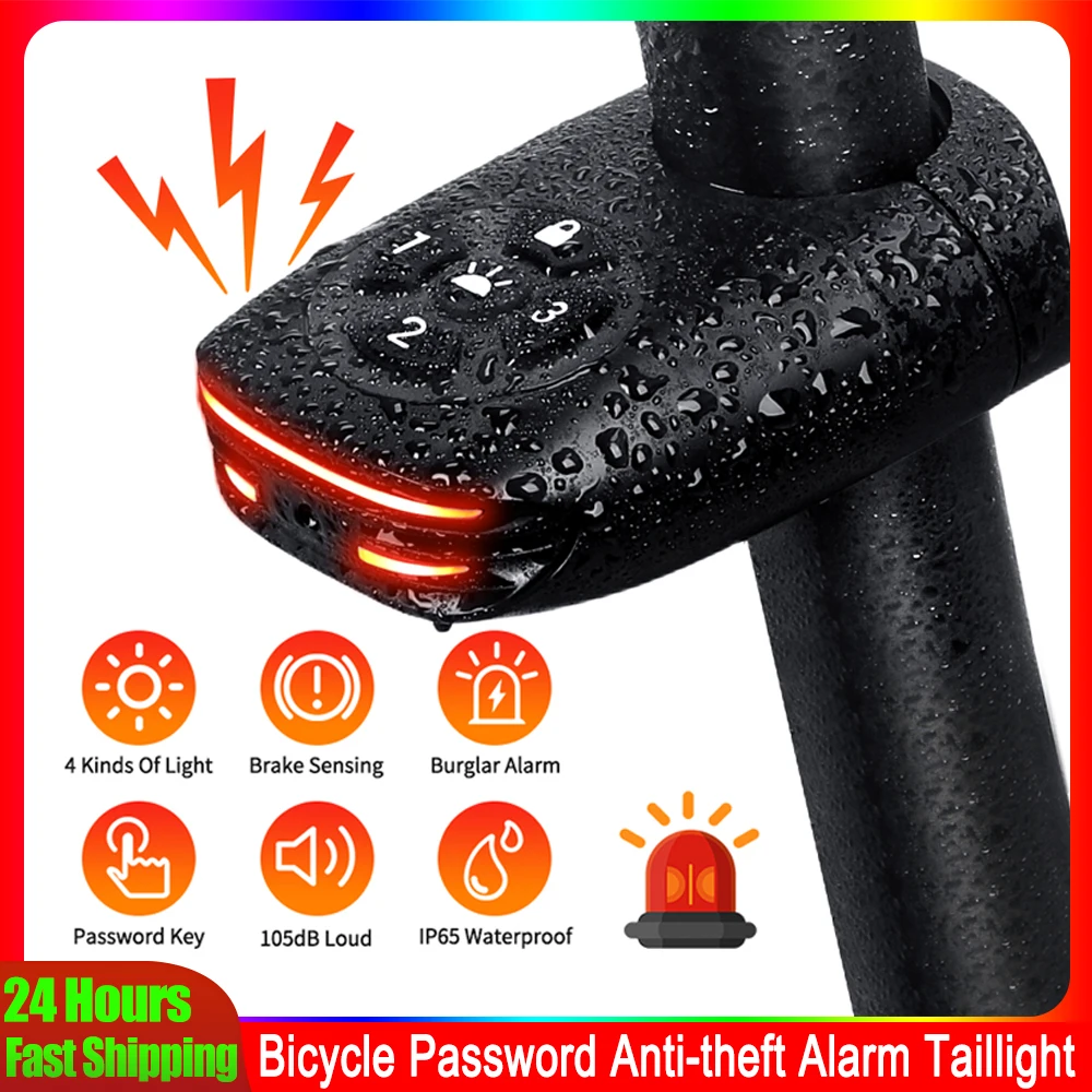

Bicycle Password Anti-theft Alarm Taillight 105dB Loud Burglar Alarm IPX6 Waterproof 4 Lighting Mode Bike Brake Warning Light