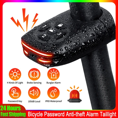Contraseña de bicicleta alarma antirrobo luz trasera 105dB alarma antirrobo fuerte IPX6 impermeable 4 modos de iluminación luz de advertencia de freno de bicicleta
