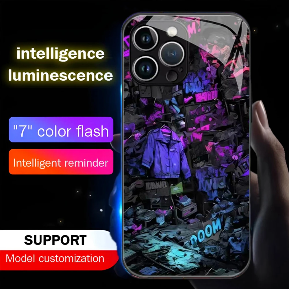 

Punk Graffiti Pattern LED Light Phone Case Glitter Shockproof Cover For iPhone 15 14 13 12 11 Pro Max XR XS Plus 6 7 8 SE2020