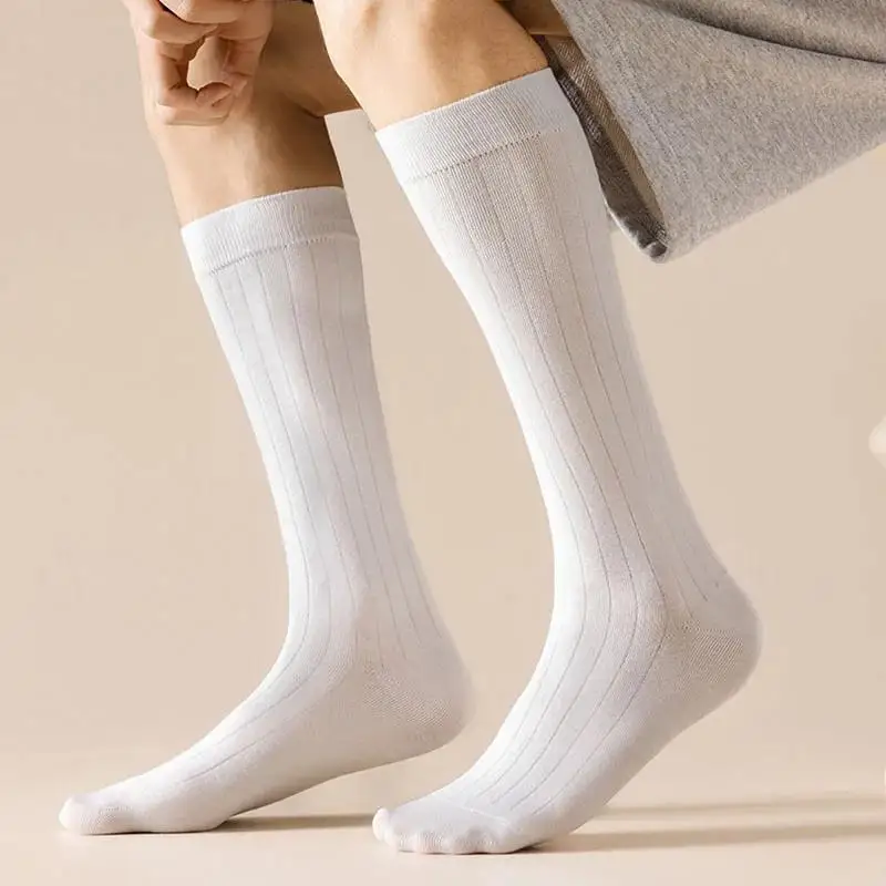 4 pares de calcetines largos para hombre, calcetines de algodón a rayas de negocios, sólidos, antibacterianos, transpirables, cálidos por debajo de la rodilla, calcetines de otoño para pantorrilla para caballero