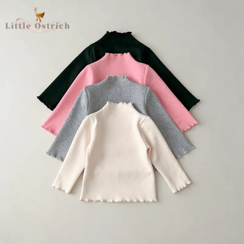 Baby Girl Cotton Ribbed Shirt Infant Toddler Child Long Sleeve Blouse Fleece Inside Solid Color Pullover Baby Clothes 12M-7Y