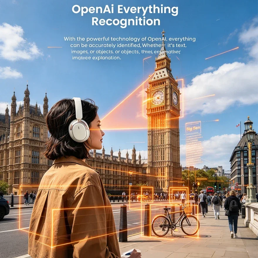 Smart Over-Ear Headphones with 8MP HD Camera AI Object Recognition AI Translation Headset Bluetooth Headphones for Travel Study