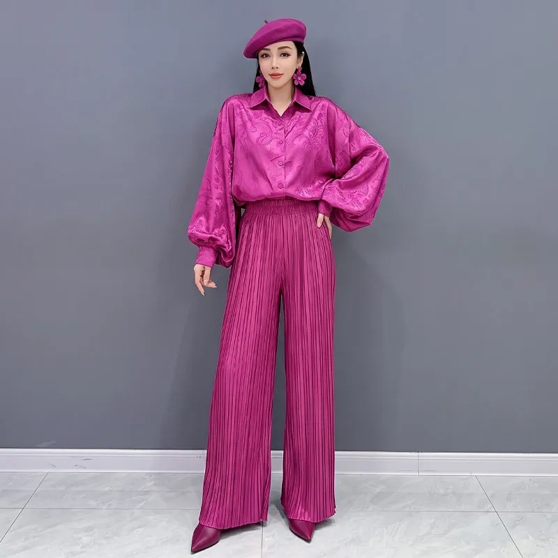 New Fashion Elegant 2 Pieces Suit Women Design Sense Batwing Sleeve Shirt Tops + Loose Pleated Wide-leg Pants Female Clothes