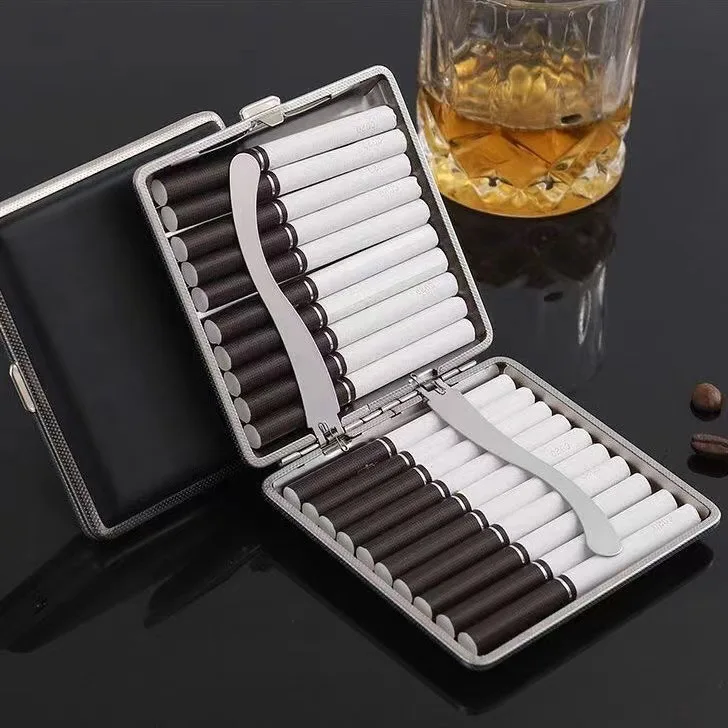 CigaretteCase MetalThinHand Rolled Leather Cigarette Box 20 Capacity, Pocket Sized Portable Classy Cigarette Holder for Men Gift