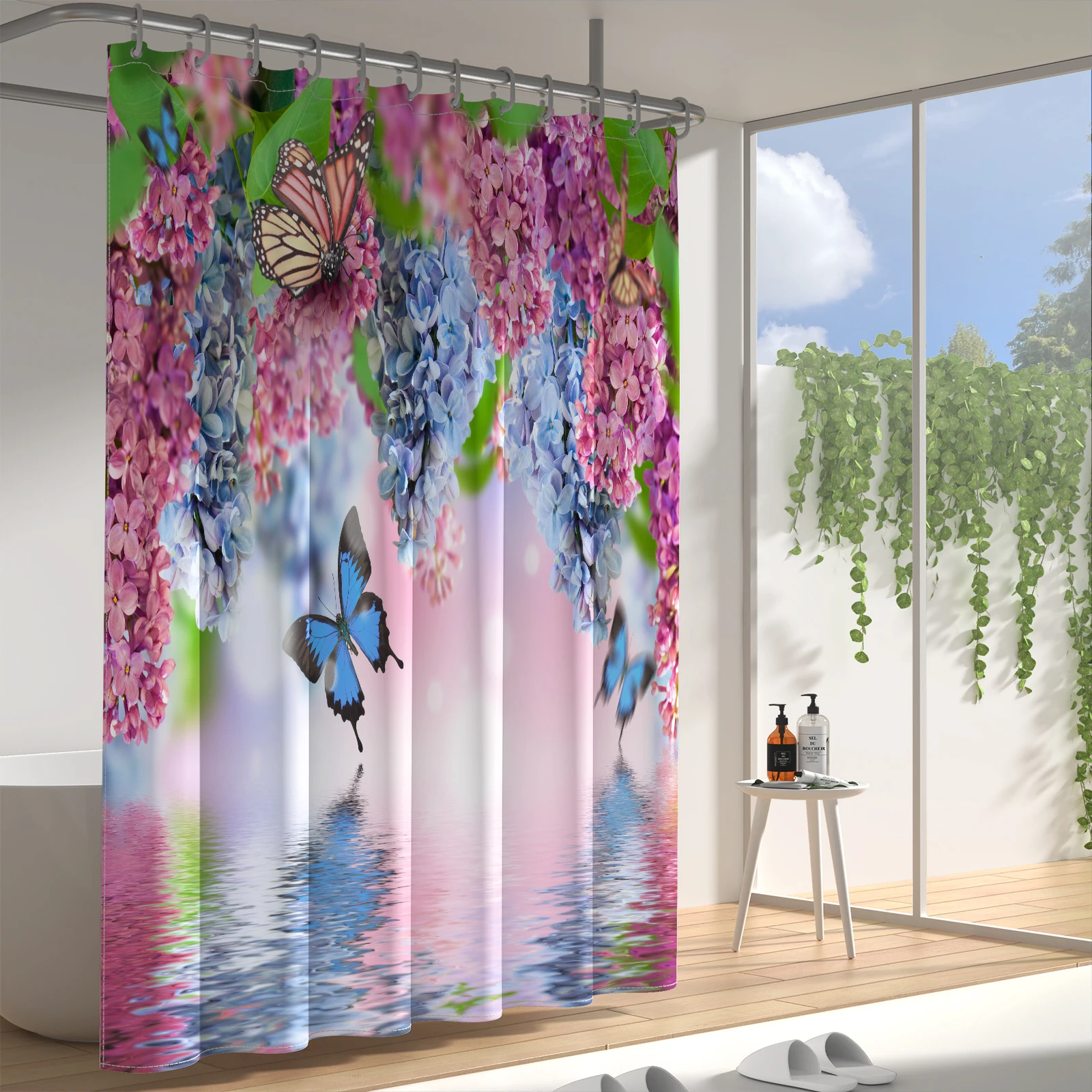 Floral Butterfly Shower Curtain Waterproof Fabric Bath Curtain With 12 Hooks Nice Scenery Garden Decorative Curtains 72x72 inch