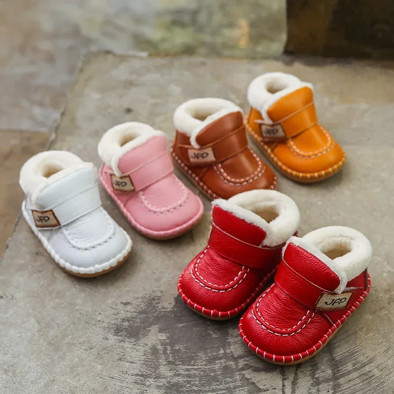 Autumn Winter Baby Girls Boys Genuine Leather Snow Boots Warm Plush Outdoor Infant Toddler Shoes Soft Bottom Kids Children Shoes