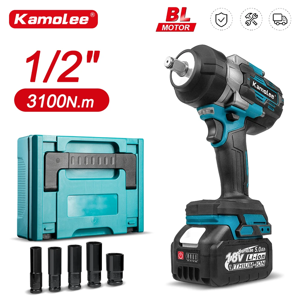 

Kamolee 3100NM Brushless Electric Wrench 1/2 inch Cordless Impact Wrench Handheld Power Tool For Makita 18v Battery