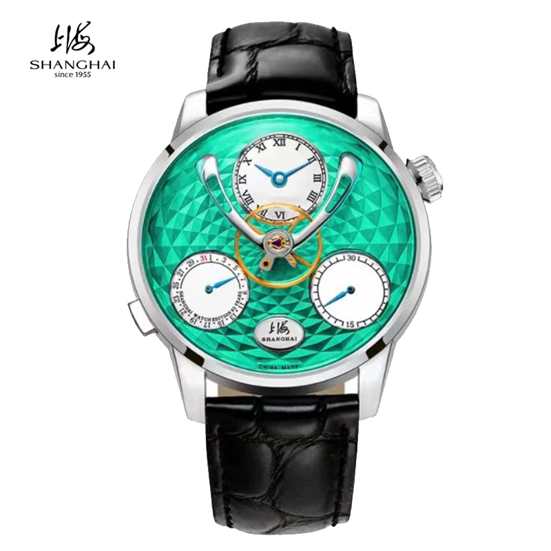 

Shanghai Watch Sky Dome Central Flywheel Mechanical Watches 42mm Calendar Men's Automatic Wristwatch Sapphire Glass Leather 895