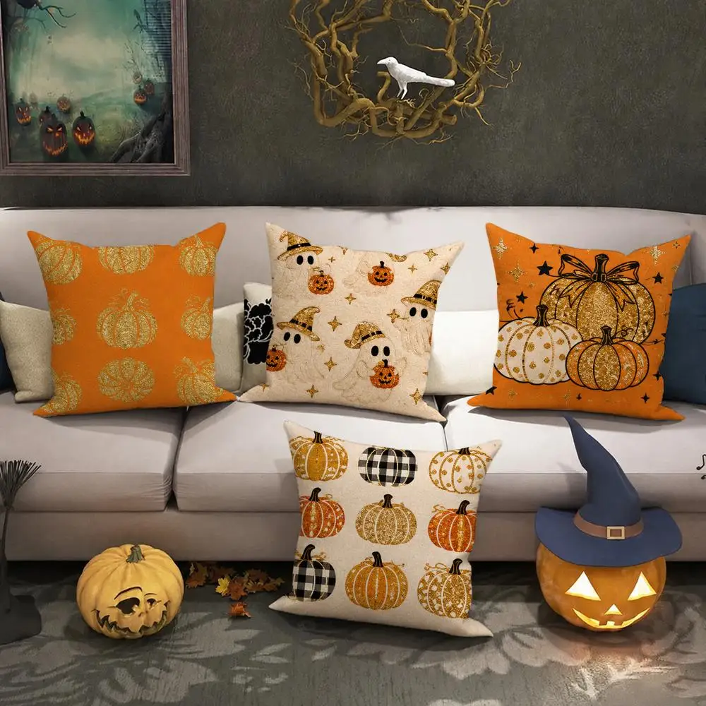 Golden Pumpkin Fall Halloween Cushion Cover Halloween Rustic Throw Pillow Covers, Cute Ghost Pumpkin Maple Leaf Cushion Covers