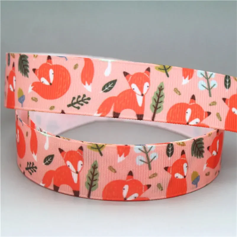 DHK 22mm 5yards Animals Fox Bee Owl Printed Grosgrain Ribbon Accessories Headwear Decoration Collar DIY Sewing Craft E2231