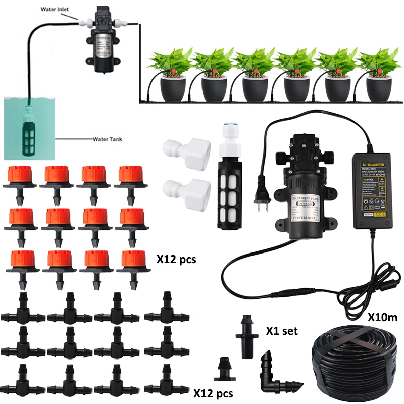 

10m Garden Irrigation System Automatic Micro Spray Dripper Drip Irrigation Kit with Pump Self-Priming 1/4" Watering Plants