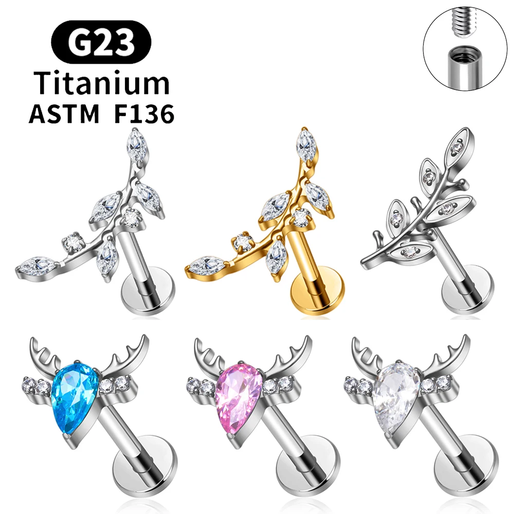 ASTM F136 Titanium 16G CZ Leaf Ear Stud Cartilage Tragus Conch Helix Earring Internal Thread Labret Ring Piercing Jewelry