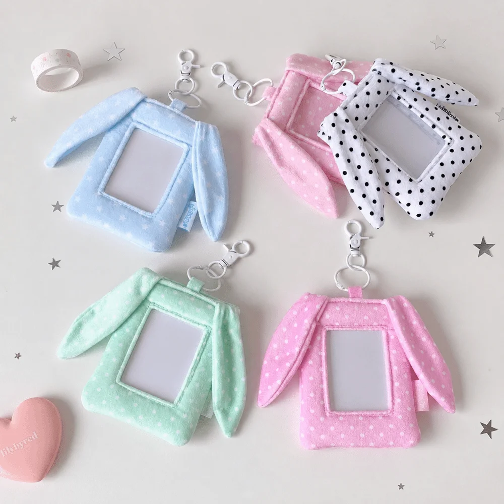 Cute Polka Dot Photocard Display Case Bunny Ear Pendant 3 Inch Card Holder Pouch Hanging Loop Clear Window ID Card Case