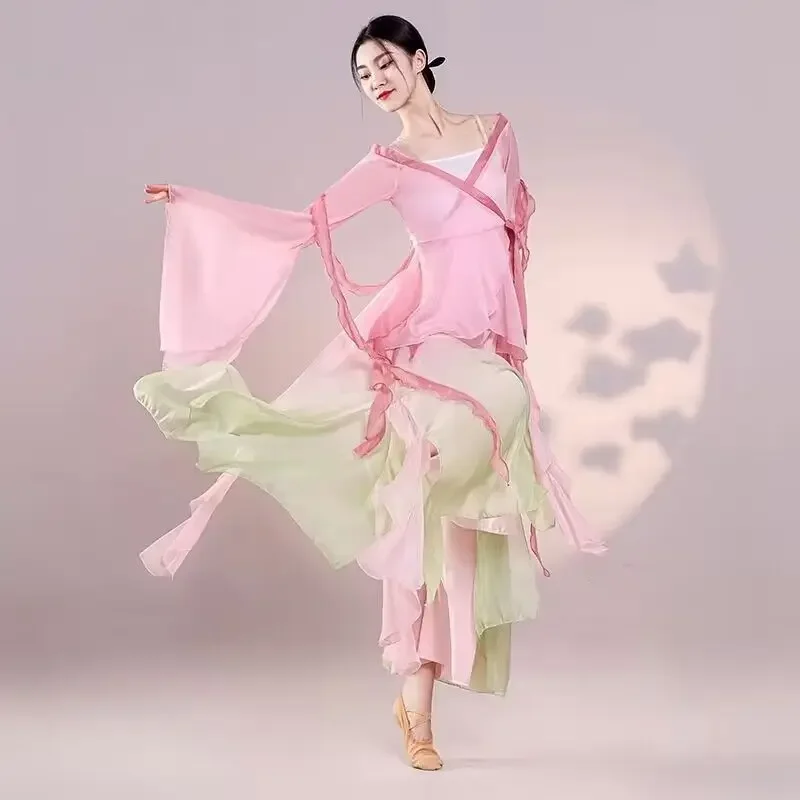 Chinese style folk dance classical dancer performance costumes elegant cardigan practice clothes body rhyme long outer gauze