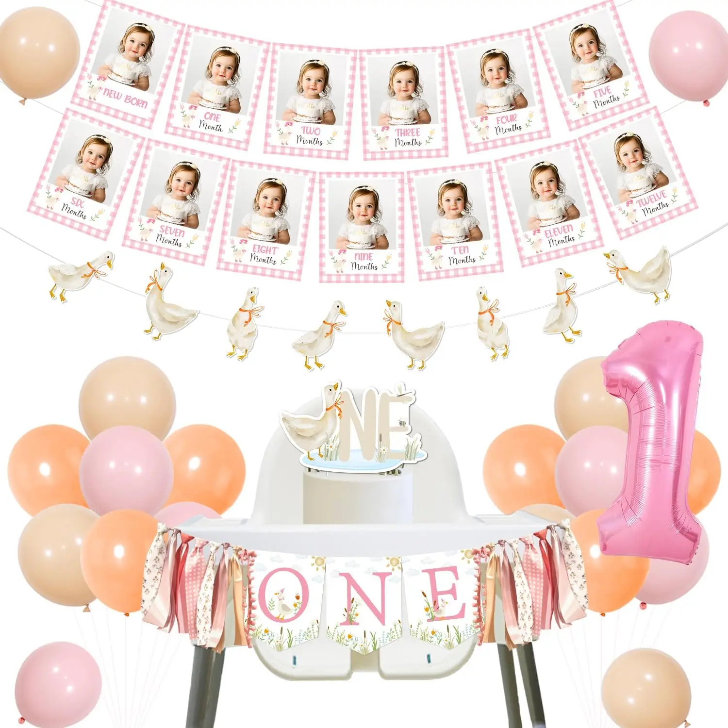 

Гусь Декор на первый день рождения Маленький Глупый Гусь превращается один стульчик для кормления Баннер Глупый ежемесячный фото баннер Гирлянда Топпер для торта