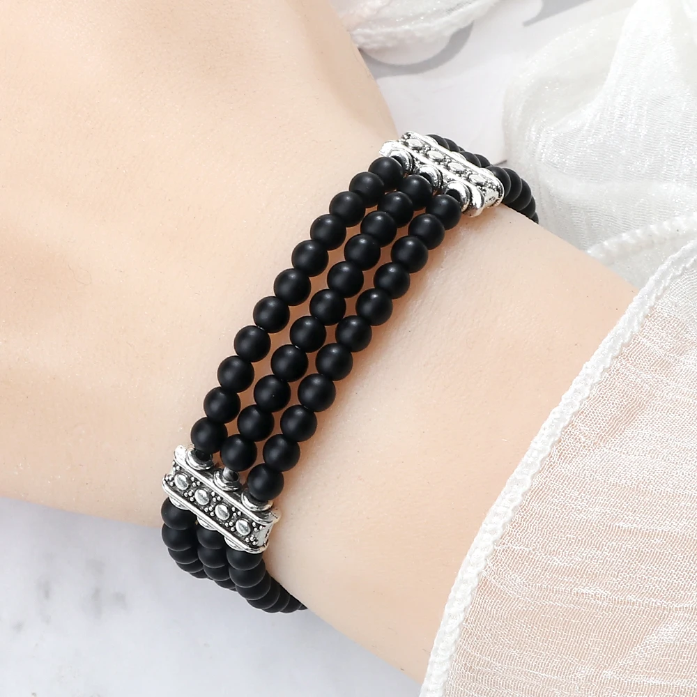 New Arrival Three Rows Natural Stone Bracelet 4MM Black Lava Matte Polish Beaded Couple Bracelet&Bangles Jewelry Pulsera Gift