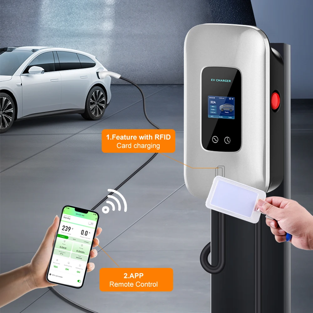 ADPOW EV Charger 32A 7.6KW Electric Vehicle Car Charger EVSE Wallbox 11KW 22KW 3Phase Type2 Cable IEC62196-2 Socket APP Control