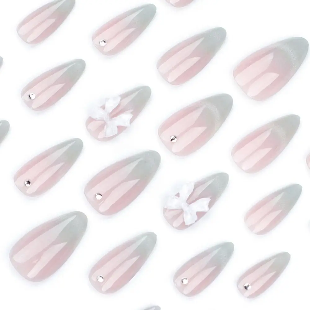 24/30PCS/BOX Reusable Cat Eyes False Nail 3D Bow Stereoshell Press on Nails with Jelly Stickers Flower Nail Tips for Women Girl