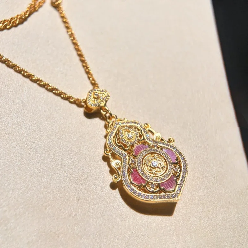 Court style Lotus flower Pink collar chain Vintage Ruyi Buckle Gourd Pendant Necklace Diamond inlay Wedding fine Jewelry