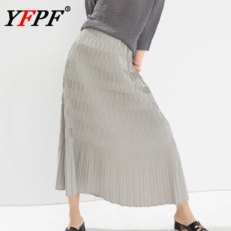 

YFPF Versatile Pleated Women's Skirt High Waist Solid Color A Line Casual Long Skirts Fashion 2025 Female New Clothing 3A264