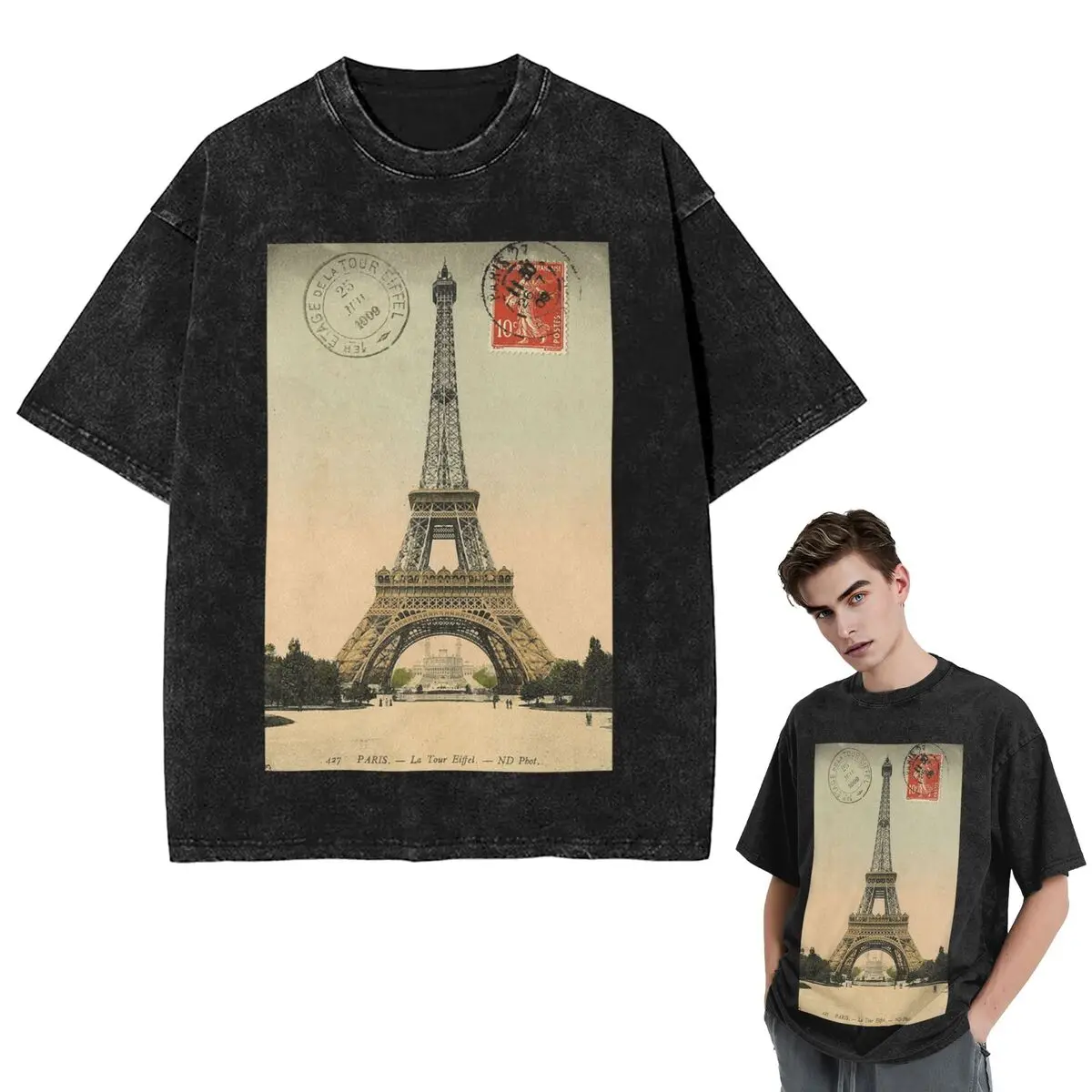 Streetwear T-Shirts Eiffel Tower Vintage French Postcard Washed T Shirt Short Sleeve Hip Hop T-Shirt Tops Tees for Men Women