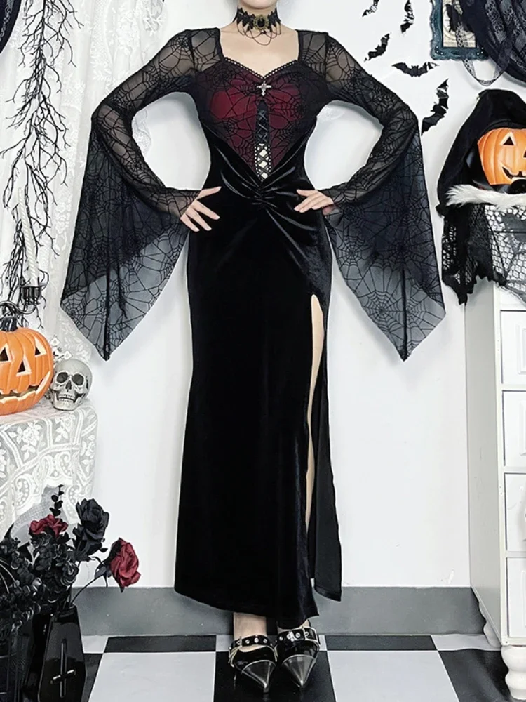 AltGoth Gothic Halloween Dark Dress Women Elegant Fairycore Grunge Spider Web Mesh Flare Sleeve High Waist Corset Dress Clubwear