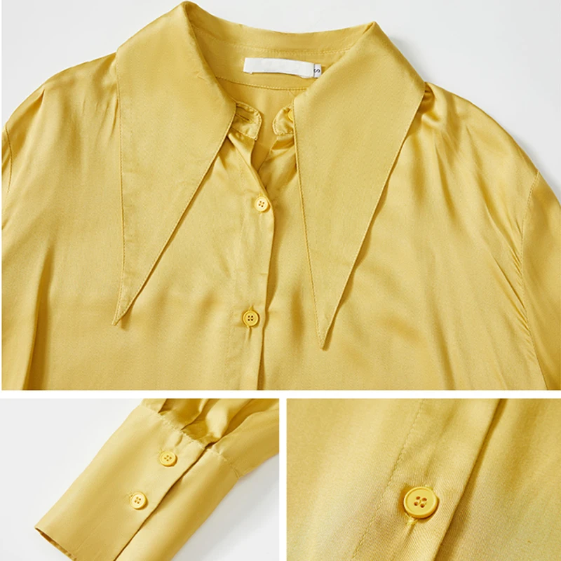 Yellow Oversized Work Wear Stain Shirts For Women Sping Casual Long Sleeve Vintage Sweet Tops Ladies