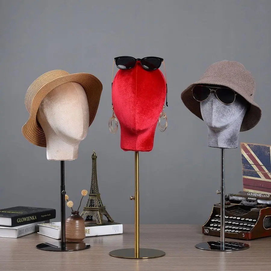 Mannequin Head Stand for Hat and Wig Display, Pinnable Wig Stand, Velvet Manikin Head Block with Retractable Metal Base, 21 Inch