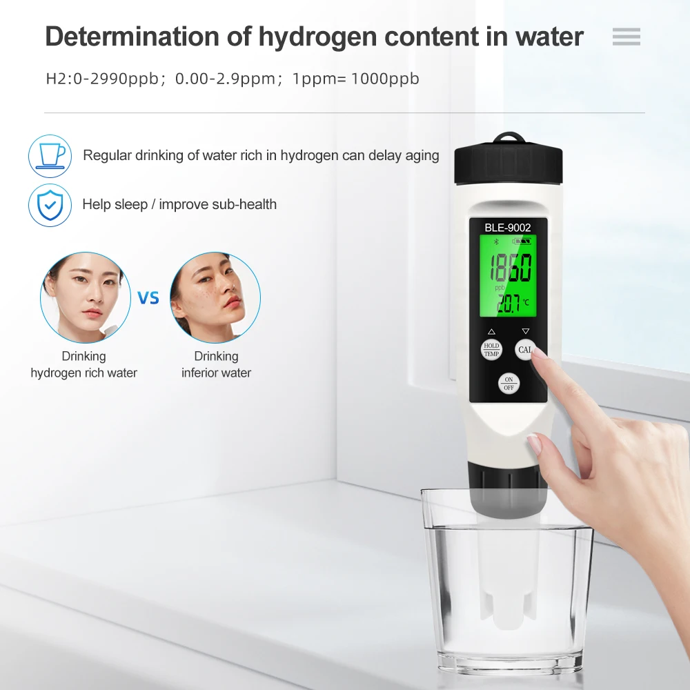 Blue Tooth-compatible H2 Tester Hydrogen Meter 0-2990 PPB Auto-Calibration Water Quality Analyzer for Rich Hydrogen Water