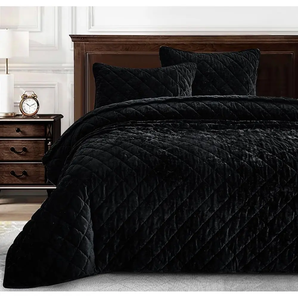

Oversized King Velvet Quilt Set, 3-Piece Plush Distressed All-Season Lightweight Comforter with Diamond Stitching