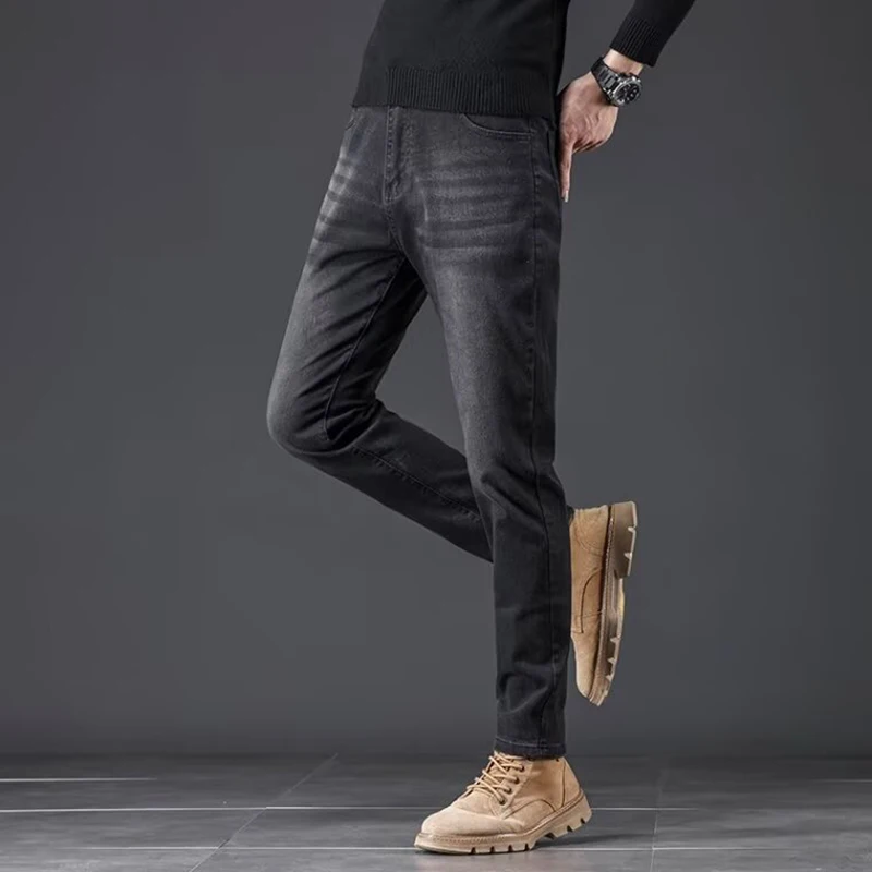 Men Loose Straight Elasticity Jeans Male Korean Style Versatile Slim Fit Denim Pants Vintage Smart Casual Blue-Gray Trousers