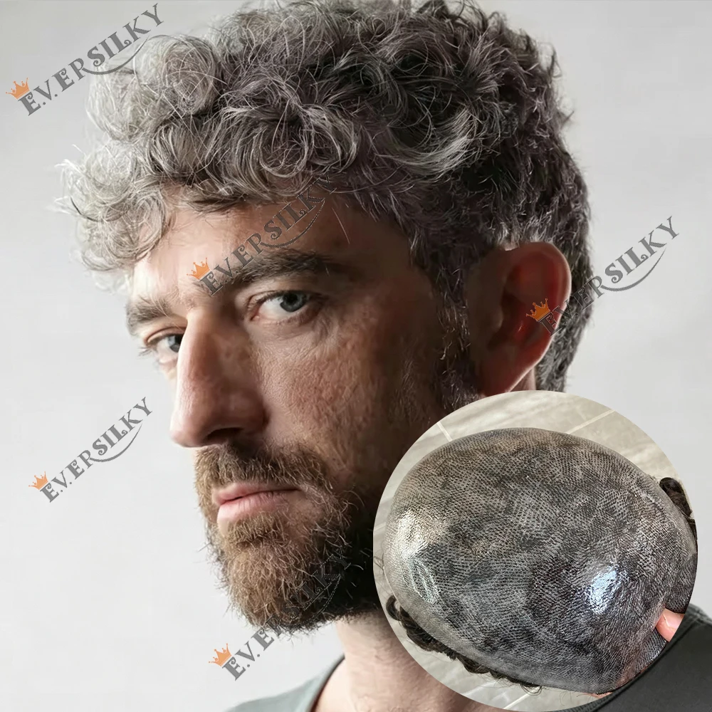 Men's 26mm Natural Curly Durable Full PU Men Toupee Male Capillary Prosthesis 1b65 Brown Grey Black Human Hair Hairpieces System