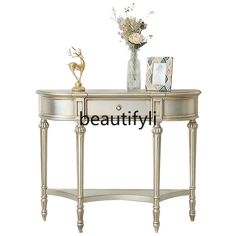 American light luxury semi-round entrance cabinet, high sense, solid wood entrance table, French retro entrance table